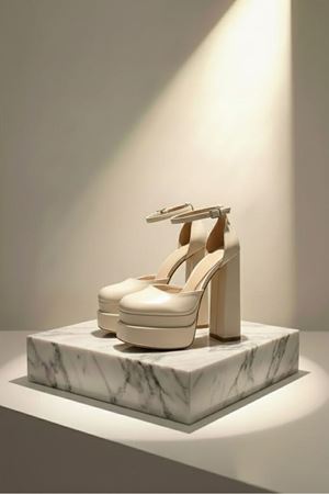 Figooo Bej Cilt Çift Platformlu Kalın Topuklu Kadın Ayakkabı / Bilekten Bağlamalı Küt Burun