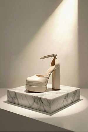 Figooo Bej Cilt Çift Platformlu Kalın Topuklu Kadın Ayakkabı / Bilekten Bağlamalı Küt Burun