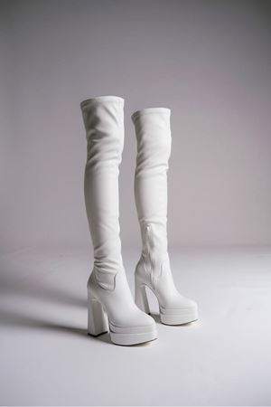 Breweryyy Beyaz Cilt Kadın Çift Platform Yüksek Topuklu Diz Üstü Çizme