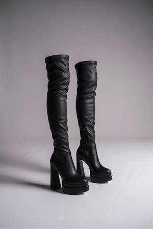 Breweryyy Siyah Cilt Kadın Çift Platform Yüksek Topuklu Diz Üstü Çizme