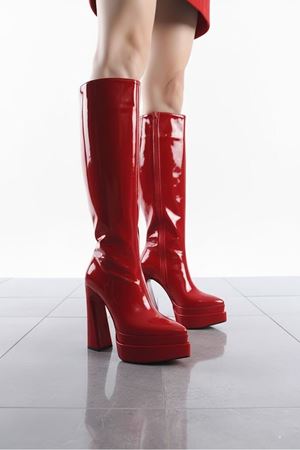 Jollyyy Kırmızı Rugan Kadın Çift Platform Yüksek Topuklu Çizme