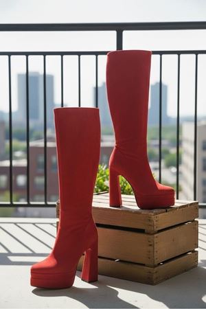 Jollyyy Kırmızı Süet Kadın Çift Platform Yüksek Topuklu Çizme