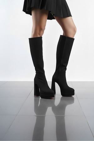 Jollyyy Siyah Süet Kadın Çift Platform Yüksek Topuklu Çizme