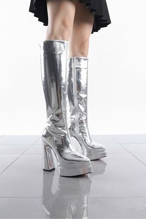 Jollyyy Gümüş Ayna Kadın Çift Platform Yüksek Topuklu Çizme