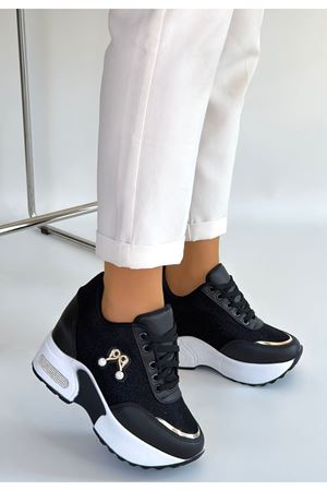 Wody Siyah Cilt Simli Bağcıklı Spor Ayakkabı