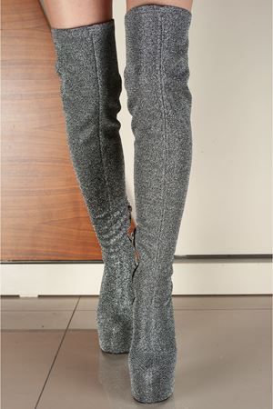 Merlin Simli Gri Kadın İnce Topuk Yüksek Diz Üstü Streç Çizme