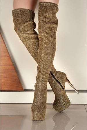 Merlin Sarı Simli Kadın İnce Topuk Yüksek Diz Üstü Streç Çizme