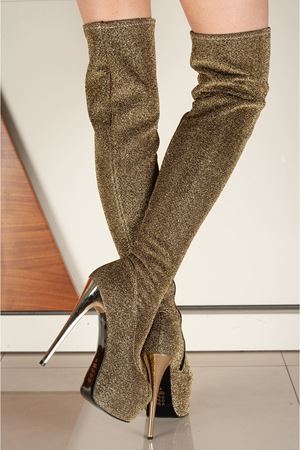 Merlin Sarı Simli Kadın İnce Topuk Yüksek Diz Üstü Streç Çizme