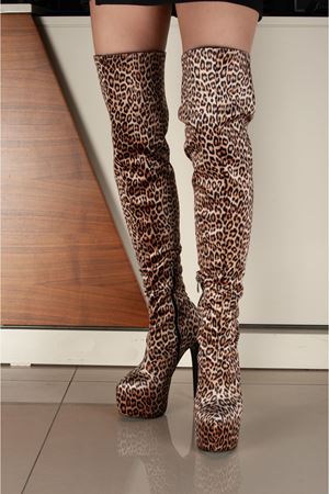 Merlin Leopar Süet Kadın İnce Topuk Yüksek Diz Üstü Streç Çizme