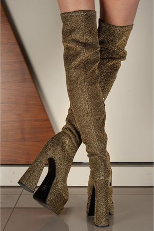 Brewery Altın simli Çift Platform Tasarım Kadın Çizme Yüksek Topuklu Ayakkabı