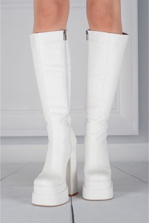 Pennyy Beyaz Cilt Kadın Çift Platform Kalın Topuk Çizme