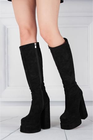 Pennyy Siyah Süet Kadın Çift Platform Kalın Topuk Çizme