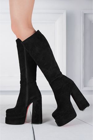 Pennyy Siyah Süet Kadın Çift Platform Kalın Topuk Çizme