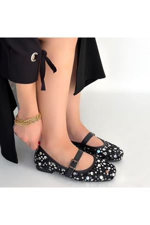 Zaty Siyah Süet Gümüş Pullu Babet Ayakkabı