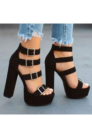 Vesper Kadın Siyah Süet Tokalı Topuklu Ayakkabı