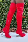 İvan Kırmızı Süet Fashion Topuklu Diz Üstü Çizme