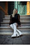 Beyaz Cilt Streç Tasarım Alçak Platform  Kadın Ayakkabı Emery