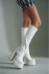 Beyaz Cilt Streç Tasarım Çift Platform  Kadın Ayakkabı Bayon