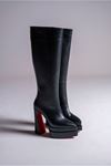 Siyah Cilt Çift  Platform Tasarım Kadın Çizme Yüksek Topuklu Ayakkabı Jolly