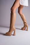 Nude Cilt Çift  Platform Tasarım Kadın Çizme Yüksek Topuklu Ayakkabı Jolly