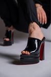 Siyah Rugan Çift  Platform Tasarım Burnu Kapalı Kadın Terlik Yüksek Topuklu Ayakkabı Farah