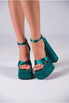 Yeşil Saten Cilt Çift  Platform Tasarım Kadın Ayakkabı Luxury