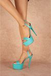 Adelya Turkuaz Mavi Deri Yüksek Topuklu Kadın Ayakkabı
