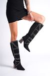 Siyah Süet Özel Tasarım Trok Detaylı Kadın Çizme Alçak Topuklu Ayakkabı Lotus
