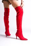 Kırmızı Süet Streç  Tasarım Kadın Çizme Yüksek Topuklu Ayakkabı Borns
