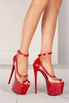 Gizze Kırmızı Cilt Şeffaf Topuklu Ayakkabı