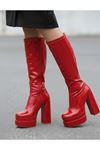 Bayonn Kırmızı Rugan Kadın Çift Platform Yüksek Topuklu Çizme