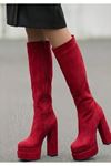 Bayonn Kırmızı Süet Kadın Çift Platform Yüksek Topuklu Çizme