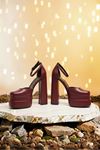 Figooo Bordo Cilt Çift Platformlu Kalın Topuklu Kadın Ayakkabı / Bilekten Bağlamalı Küt Burun
