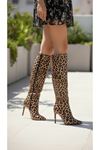 Limbooo Leopar Rugan Kadın Sivri Burun Yüksek Topuklu Diz Altı Çizme